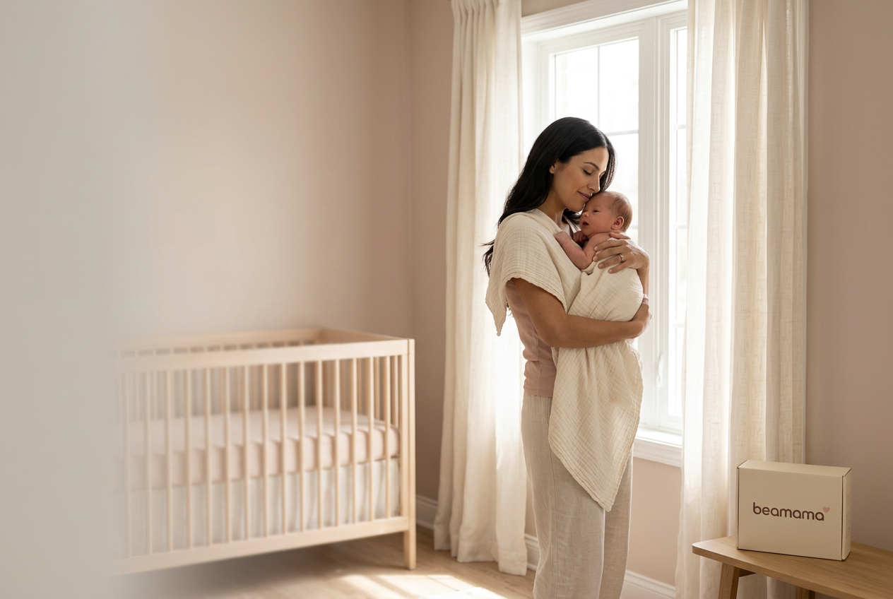 Mother holding her newborn beside a Beamama box in a sunlit nursery